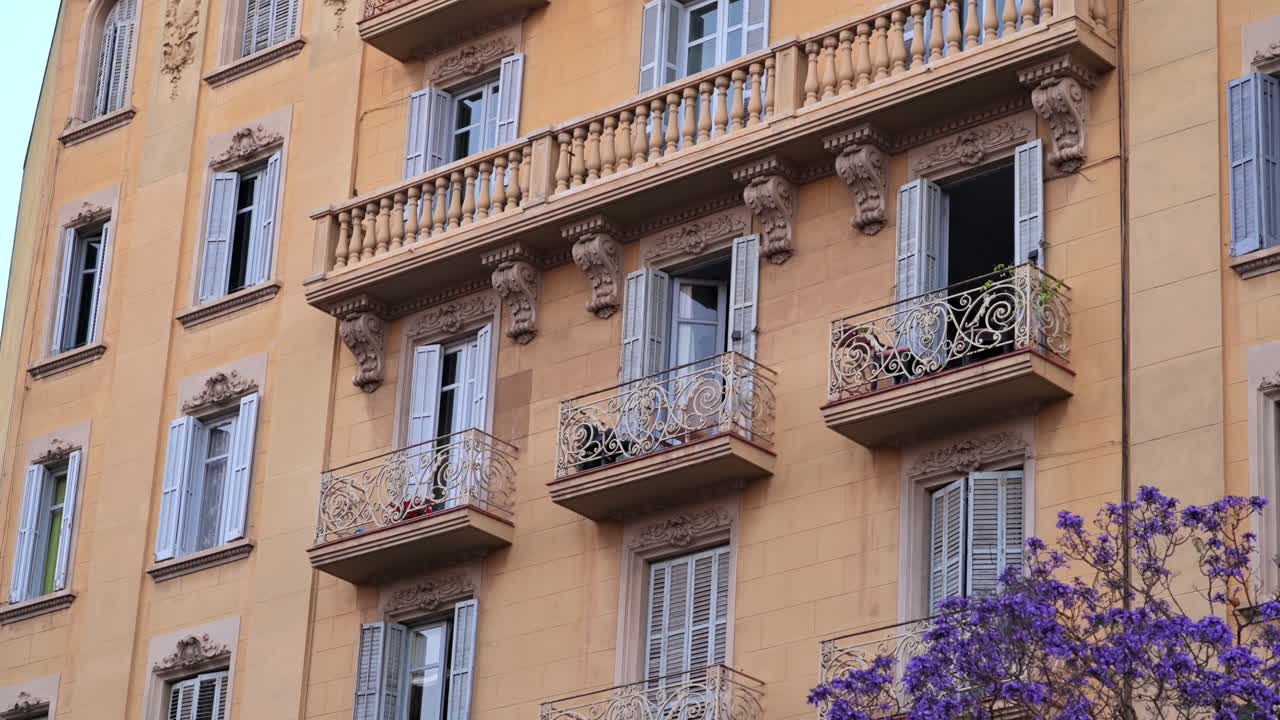 Old residential building made in classic style with a tree in front of it in Barcelona, Spain