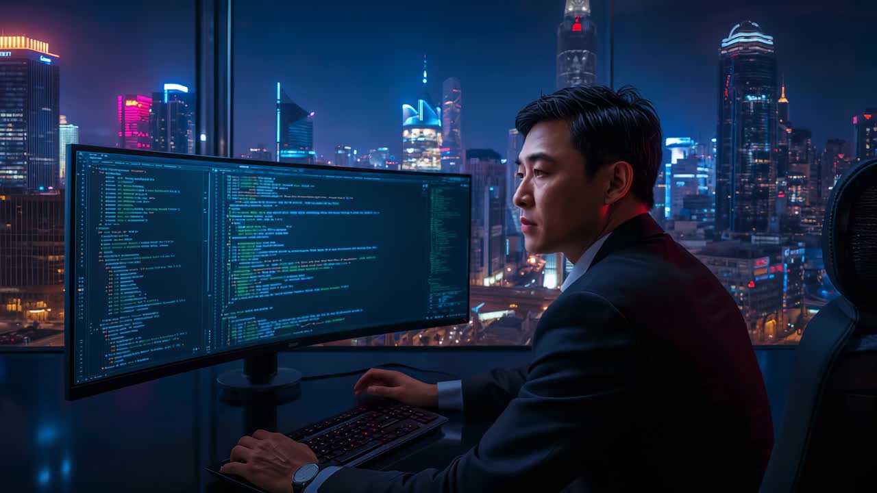 Sitting businessman typing code and debugging in neon-lit office with ultrawide monitor, copy space