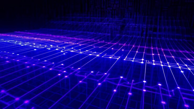 Griglia digitale astratta con onde di luce blu e viola pulsanti