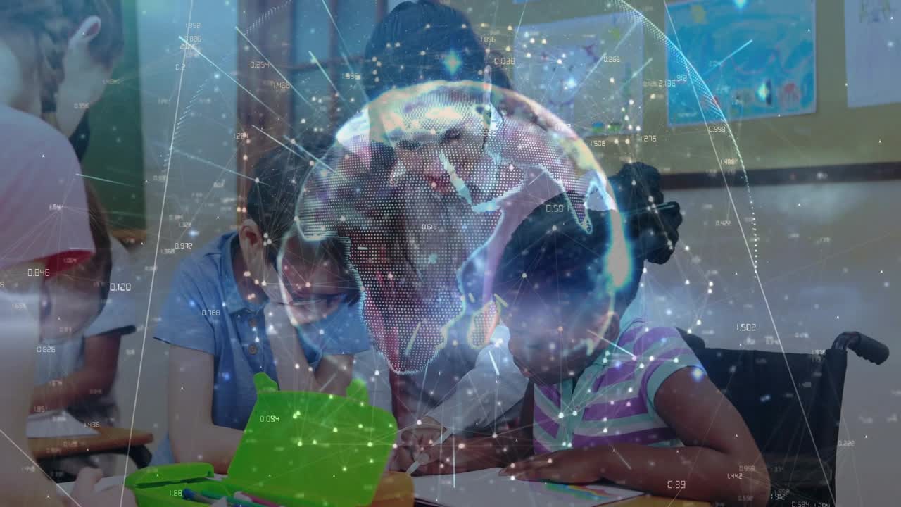 Teacher moving center, guiding girl in wheelchair writing, rotating globe supporting learning