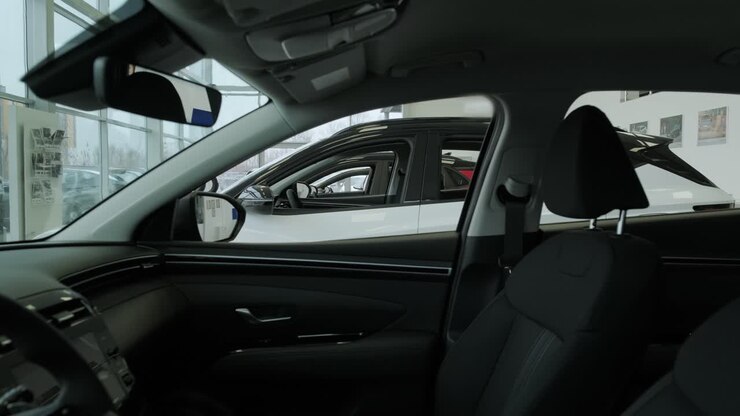 Black interior of a new car close-up. A new car is sold at a car showroom