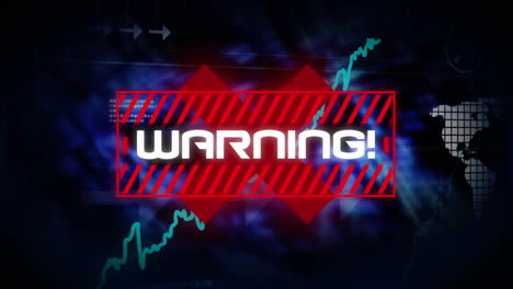 animation of a word warning in red frame on red cross over stock market display, data recording.