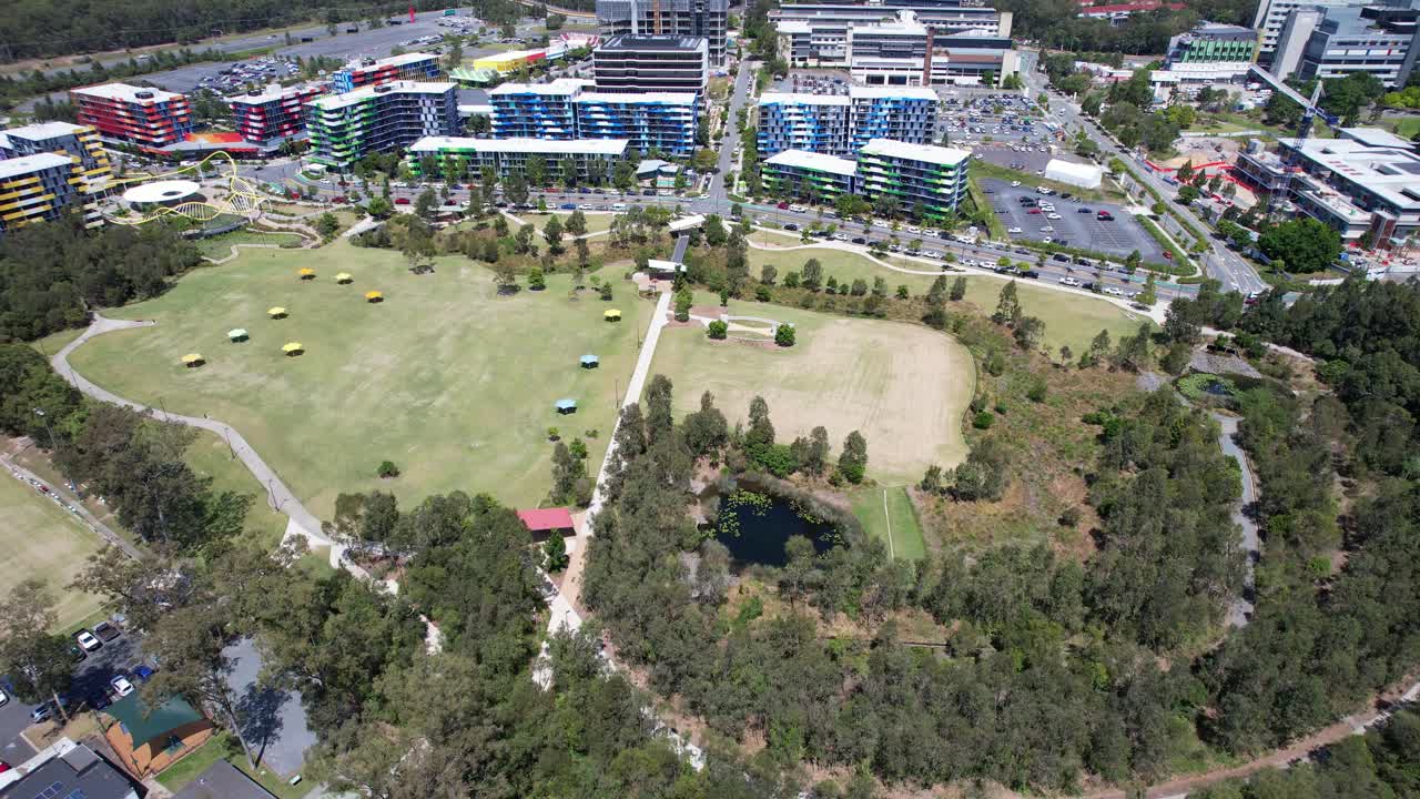 Above View Of Village Heart Park Near Gold Coast University Hospital In Southport, Queensland, Australia. Aerial Drone Shot