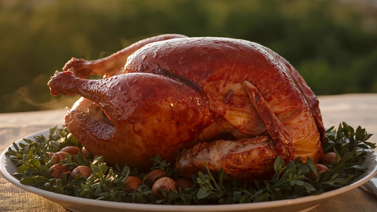 Zooming camera sweeping wide-to-close to highlight roasted turkey on platter at garden with garnish