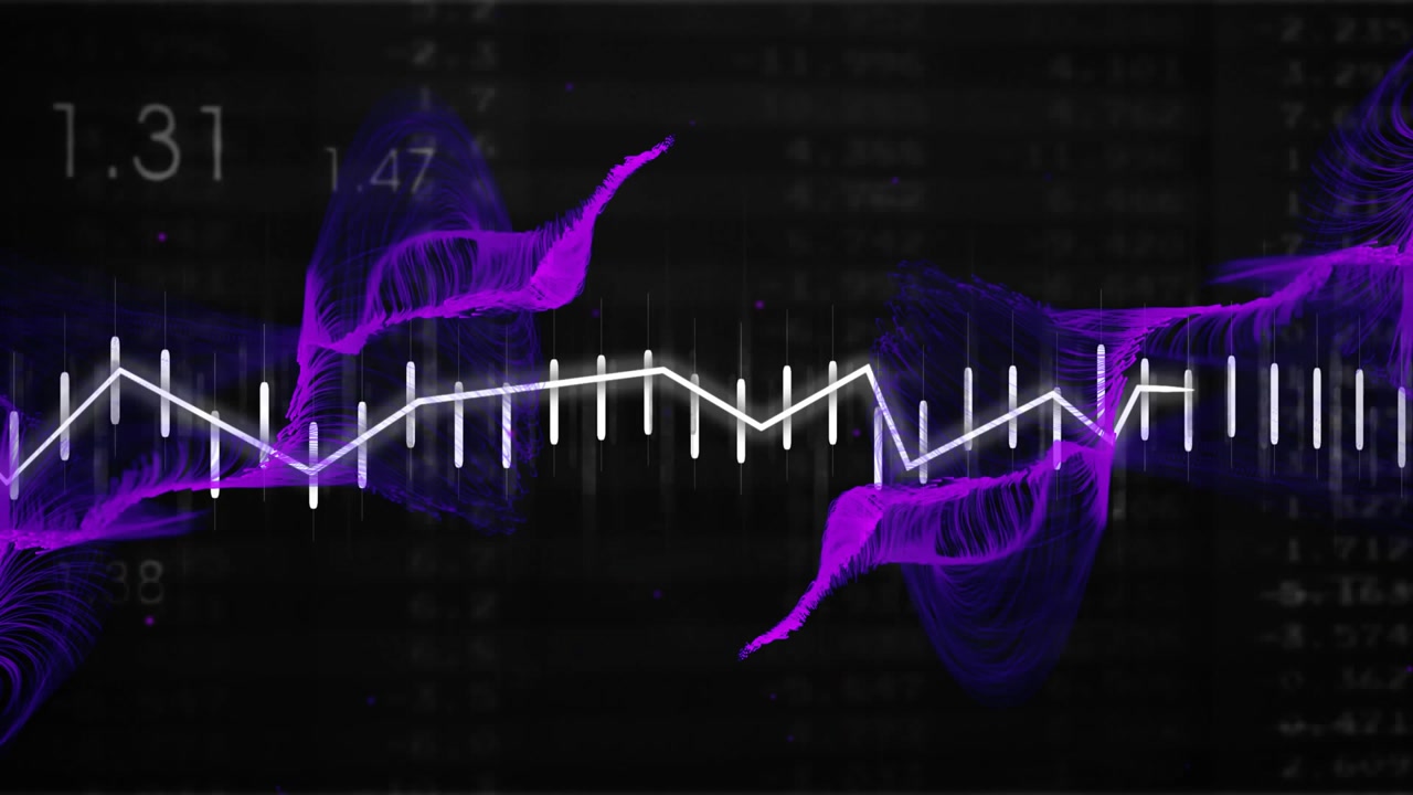 Abstract graph opening with bars tracing peaks, purple waves swelling and receding visualizing data