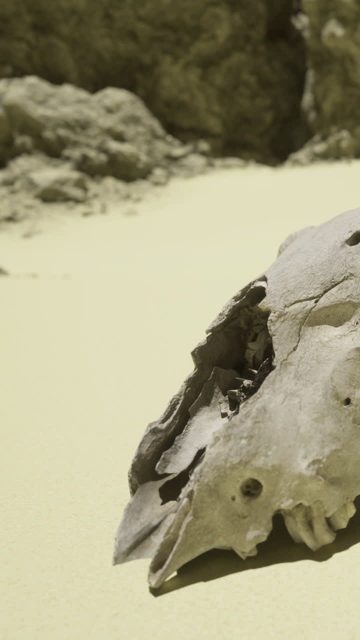 Skull found on sandy ground in a desert area during daylight hours