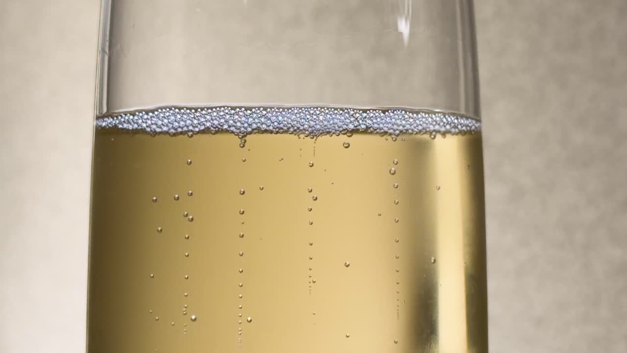 Scatto macro di bollicine di champagne dorate che salgono costantemente all'interno di un calice con illuminazione morbida da studio