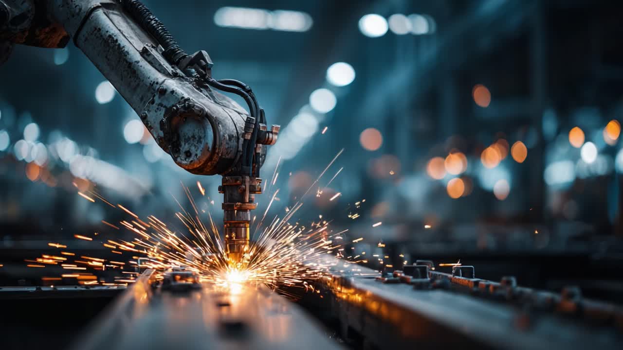 Lengan Robot Industri Berteknologi Tinggi Memicu Inovasi dalam Manufaktur, Menampilkan Presisi dan Kekuatan Saat Melakukan Tugas Pemotongan Logam di Lingkungan Pabrik Modern