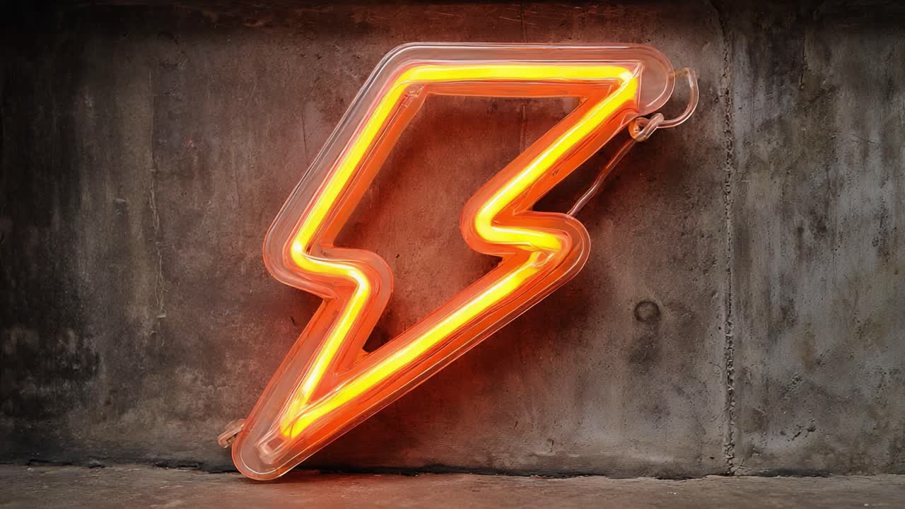 A Bright and Striking Neon Lightning Bolt Sign Glowing Against a Rustic Concrete Background, Exuding Energy and Modern Style in Its Radiant Orange Hue