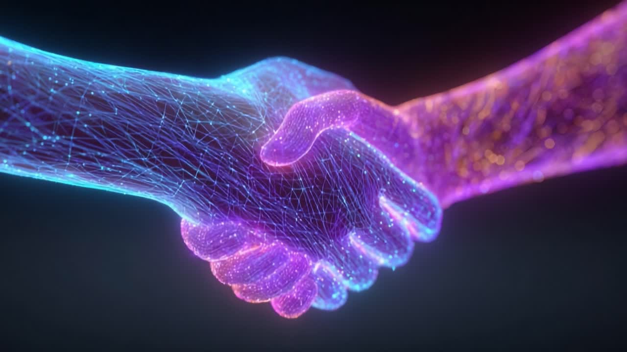 Two futuristic hands made of glowing particles and wireframes shaking in a digital handshake, symbolizing a technological agreement, business partnership, innovation, and global communication