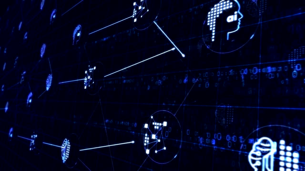 Artificial intelligence symbols on servers room in background loop