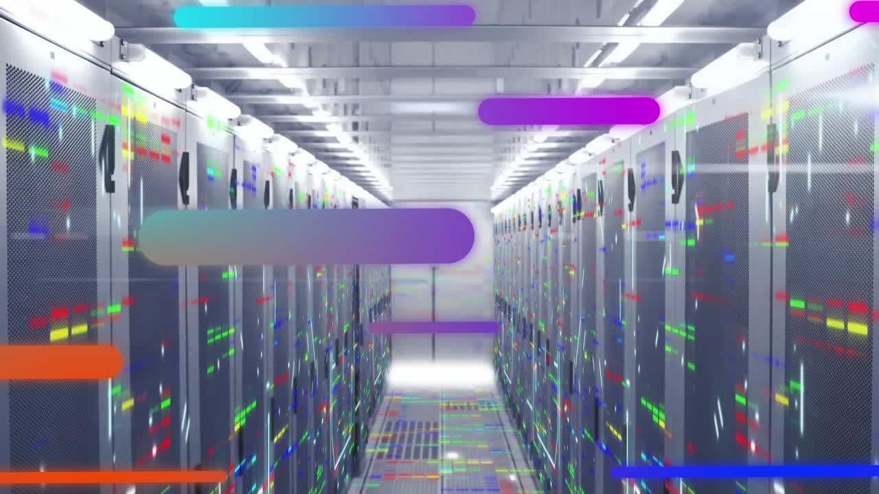 Animation of colorful gradient light trails and mosaic squares against computer server room