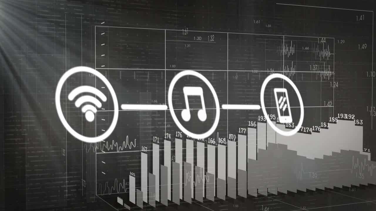 Three white Wi?Fi, music note, smartphone icons floating above 3D grid, moving along grid lines