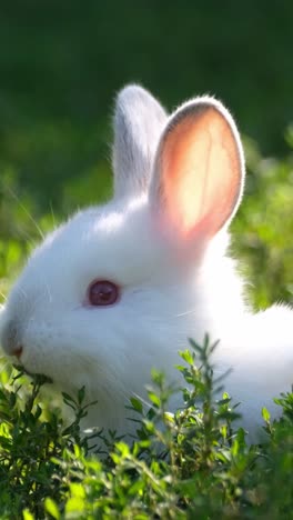 a white rabbit with red eyes sitting in the grass