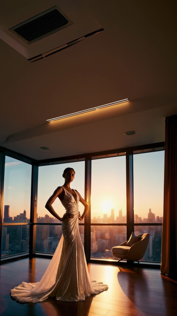 Woman in a Stunning Dress at Sunset City View
