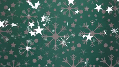 Animation-of-christmas-stars-falling-over-green-background-with-snowflakes