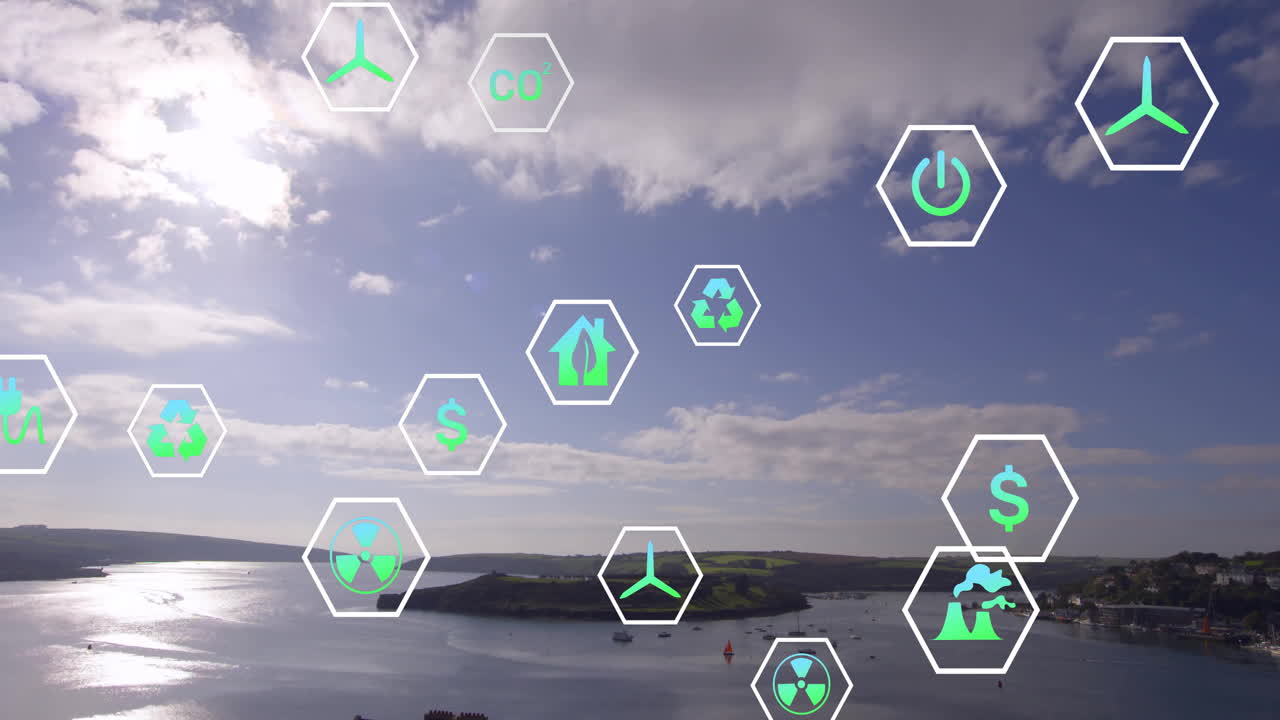 Animation of hexagonal icons for renewable energy over coastal landscape at school