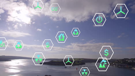 animation of hexagonal icons for renewable energy over coastal landscape at school