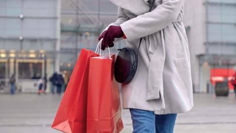 sección baja de la mujer con bolsas de compras caminando por la calle