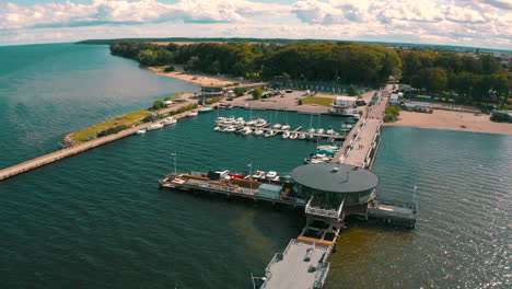 aerial shot of drone flying above puck's bay in poland with pier in the background