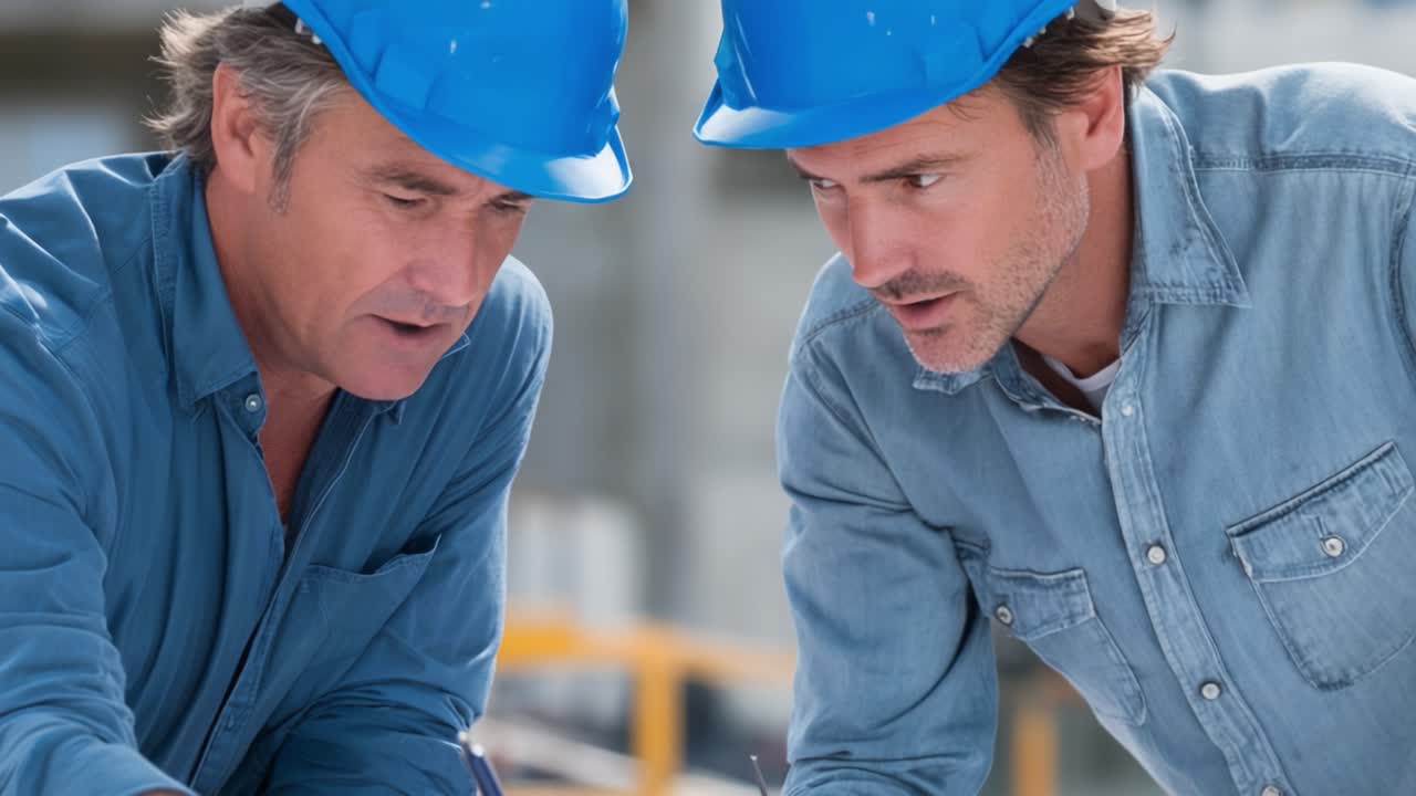 Two professionals engaged in a serious discussion on a construction site, analyzing plans and collaborating effectively, both wearing safety helmets and focused on their task