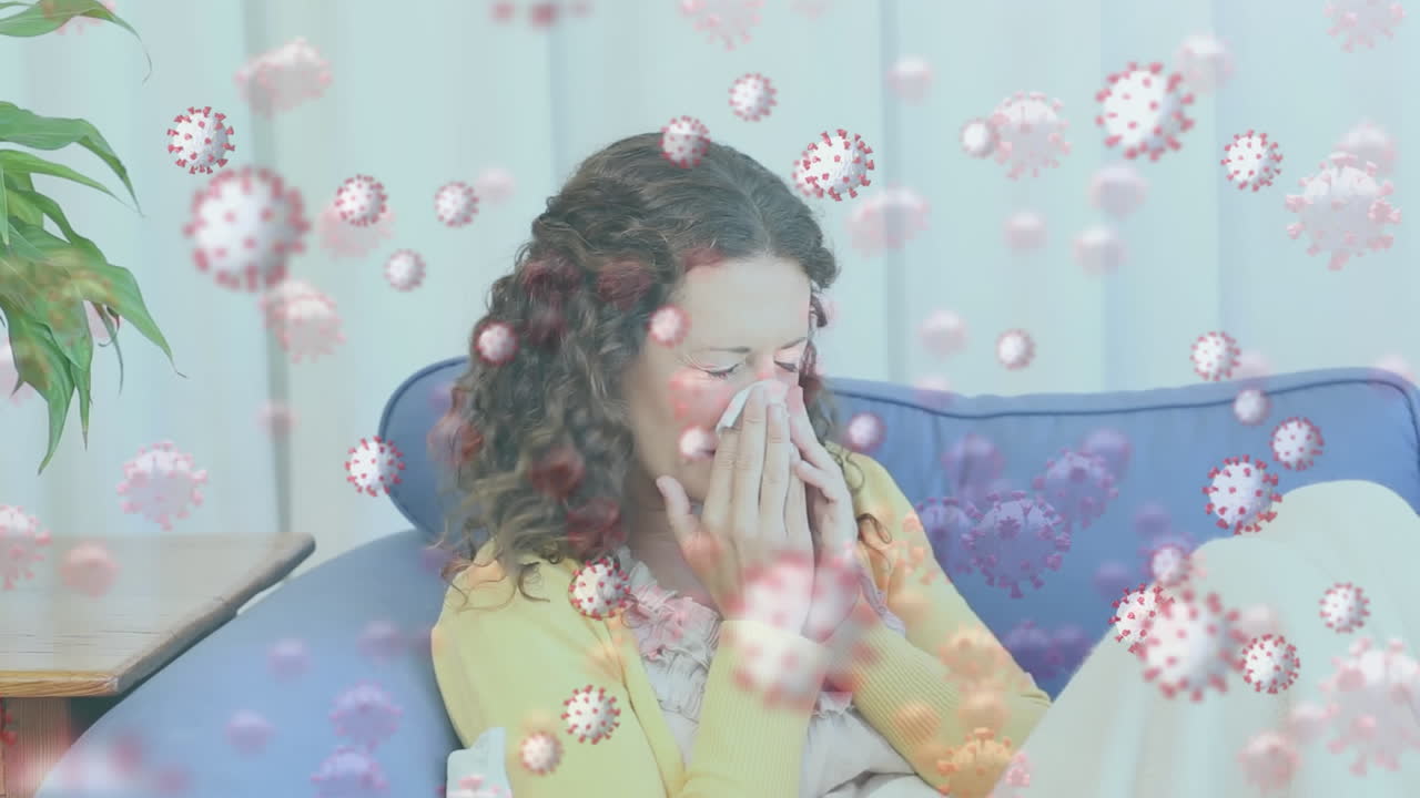 코로나19 세포가 떠다니는 카우카시아 여성이 조직으로 재채기를 하는 애니메이션