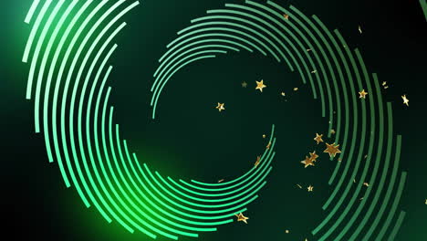 abstract neon green rings glowing, forming concentric arcs with golden stars in flat design