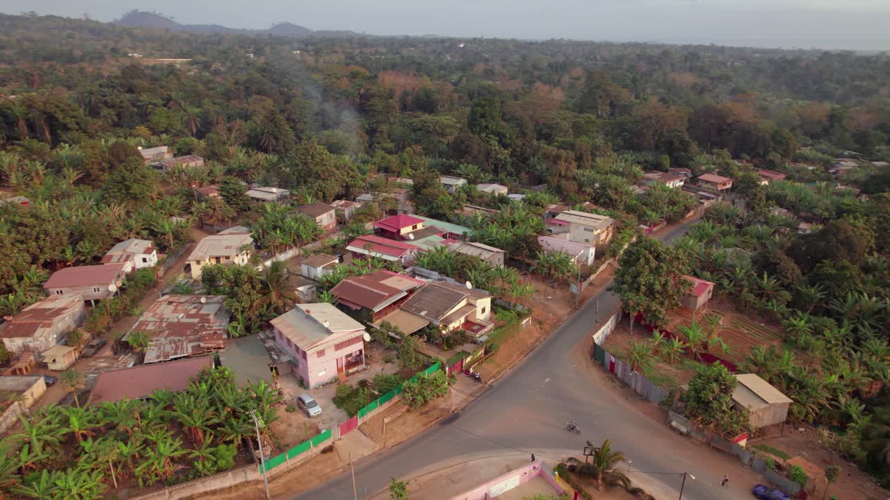 Aerial view of São Tomé Countryside with buildings and road