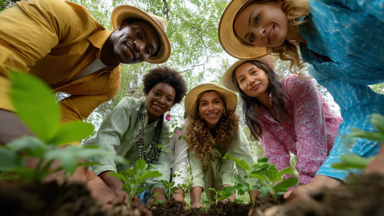 Group of Diverse People Planting Seedlings Together