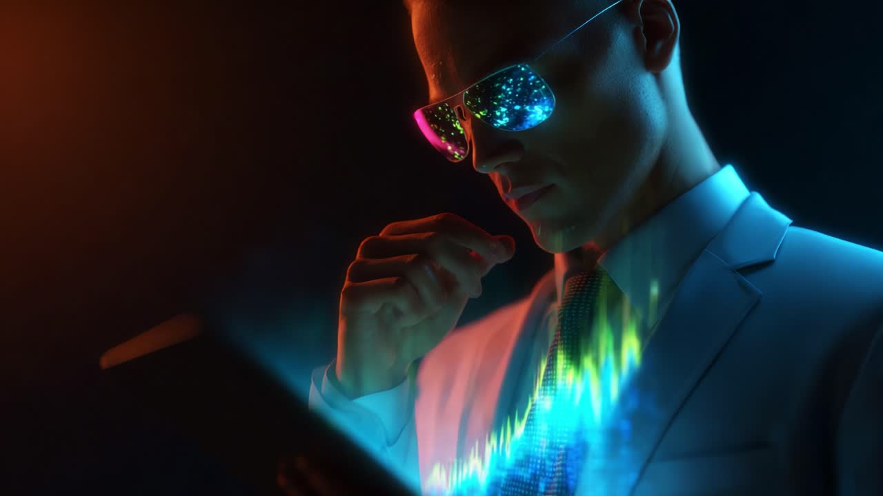 A futuristic business professional in sleek sunglasses analyzes data on a digital tablet, showcasing colorful visualizations symbolizing innovation and modernity in technology and finance