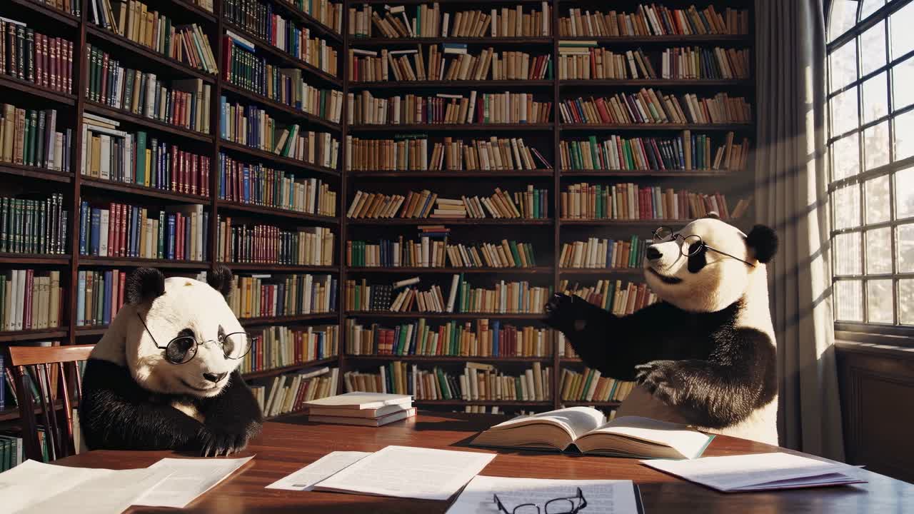 dos pandas con gafas están sentados en una mesa de madera en una biblioteca, rodeados de estanterías y bañados en la luz del sol, participando en un debate académico