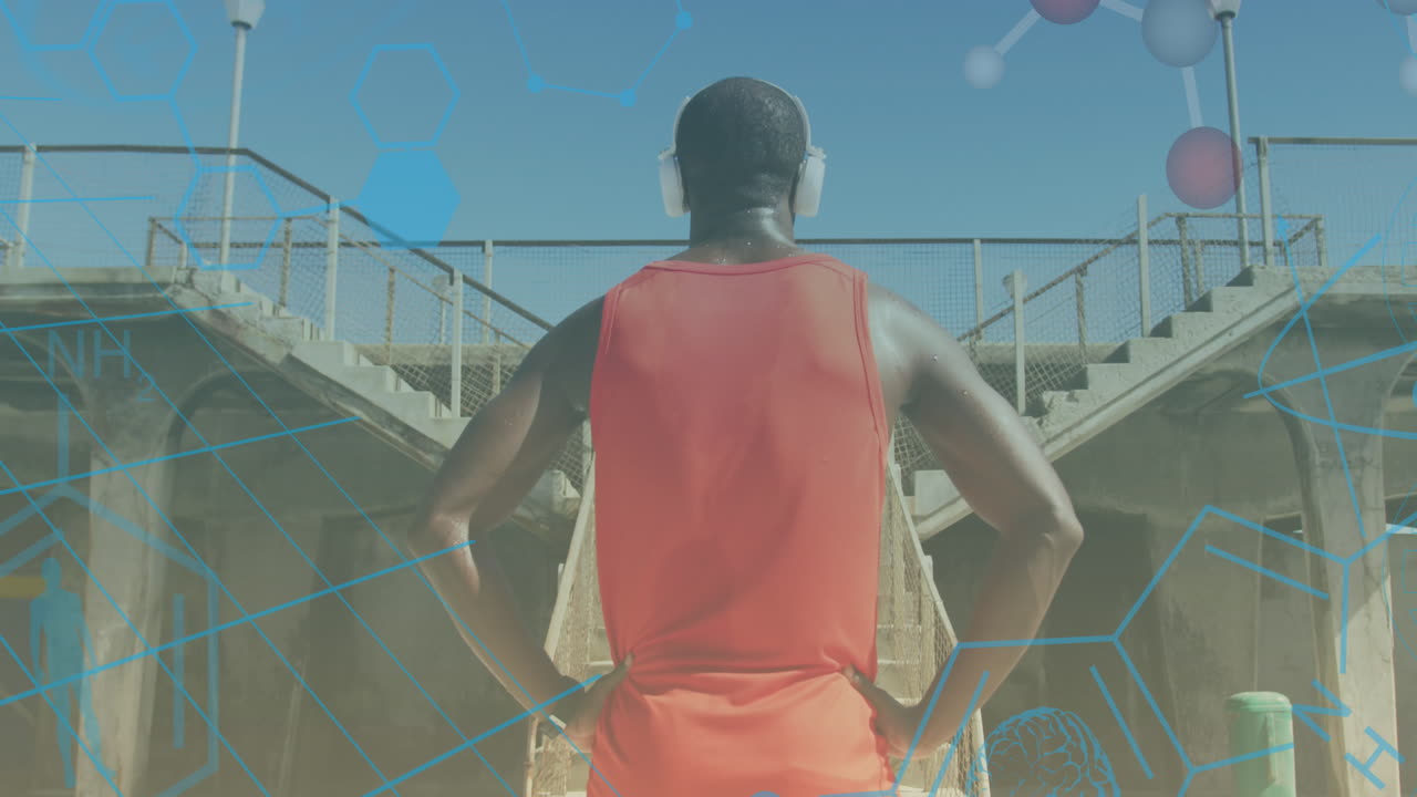 밖에서 헤드폰을 들고 있는 아프리카계 미국인 남성 위의 모양의 애니메이션