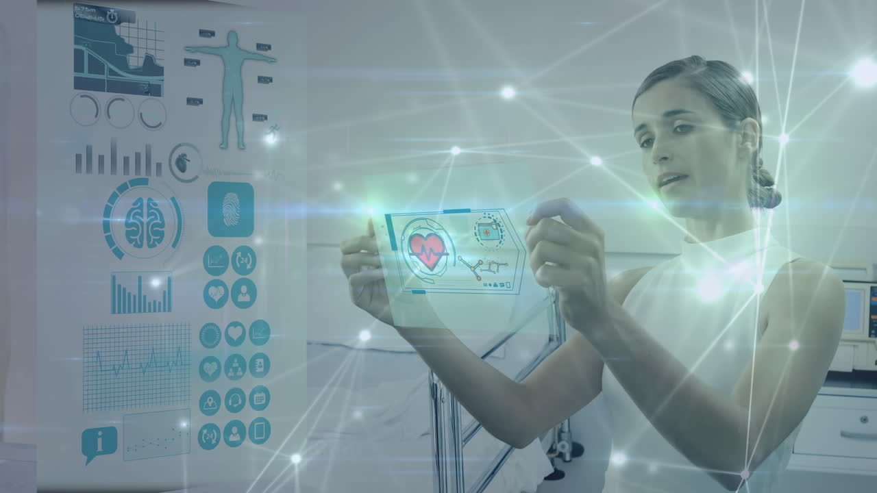 Animation of young caucasian woman talking while using transparent display with science data in lab