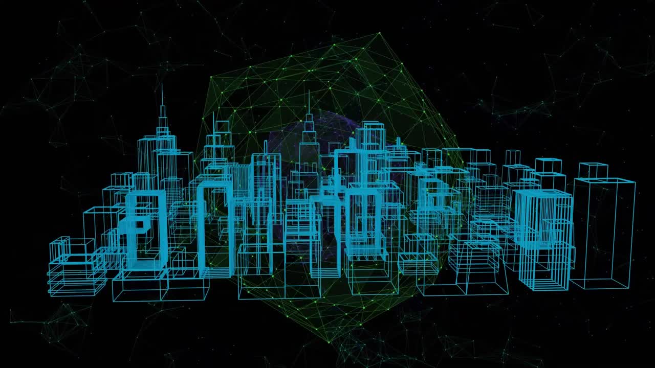 Globe of network connections against 3D city model on black background
