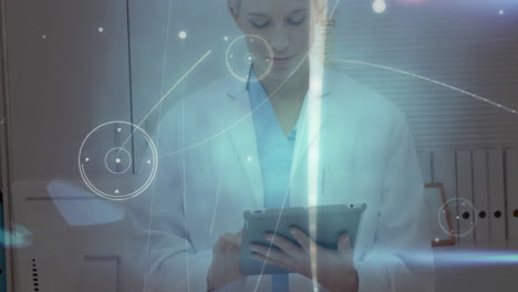 using tablet, medical professional processing futuristic data in laboratory background