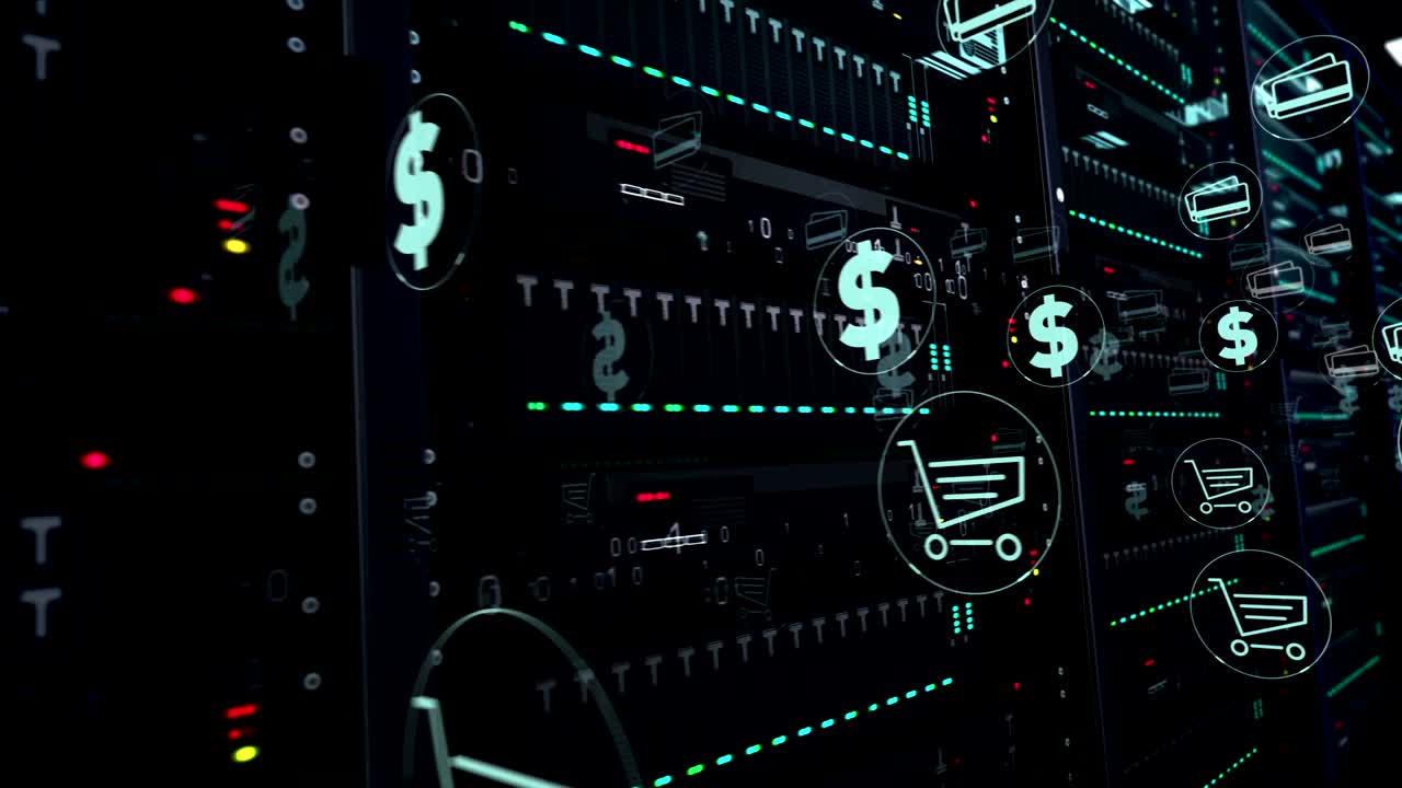 sala de servidores con animación de bucle de símbolos de marketing digital y compras en línea