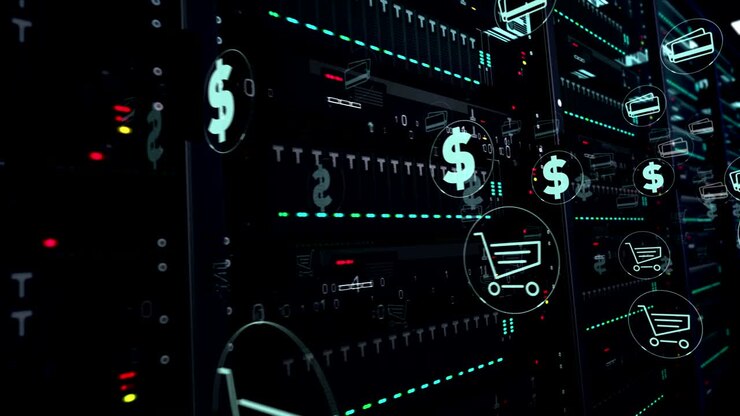 Servers room with digital marketing and online shopping symbol loop animation