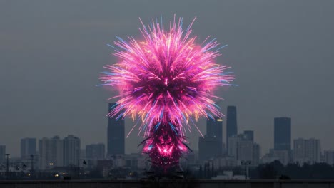 a remarkable display of contrasting visuals with vibrant pink fireworks illuminating the skyline, followed by a dramatic smoke cloud transformation against an urban backdrop