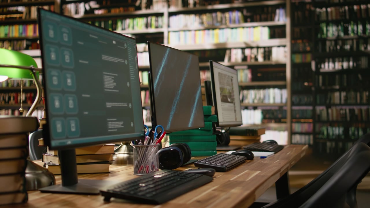 Datorskärmar med blå skärm och AI-chatbot i en biblioteksarbetsplats.