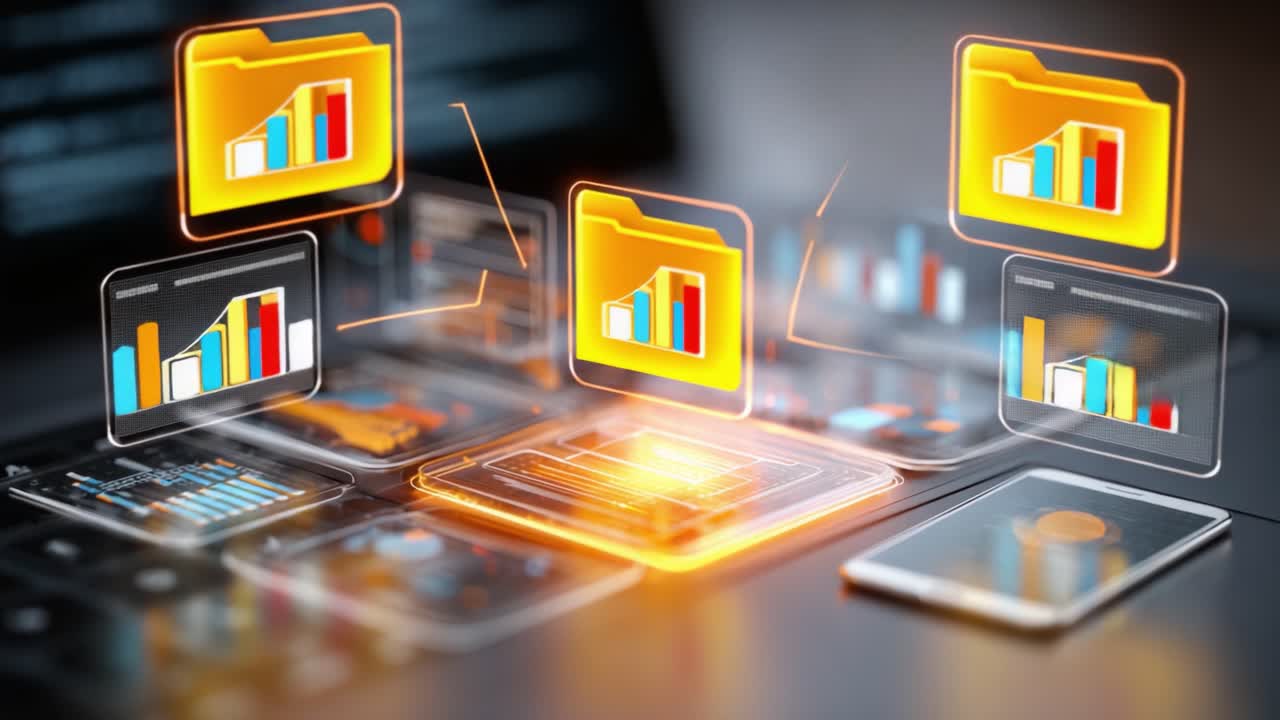 Dynamic Data Visualization and File Management on Digital Interface: Enhanced User Interaction with Interactive Graphs and Folders Illustrating Statistical Trends