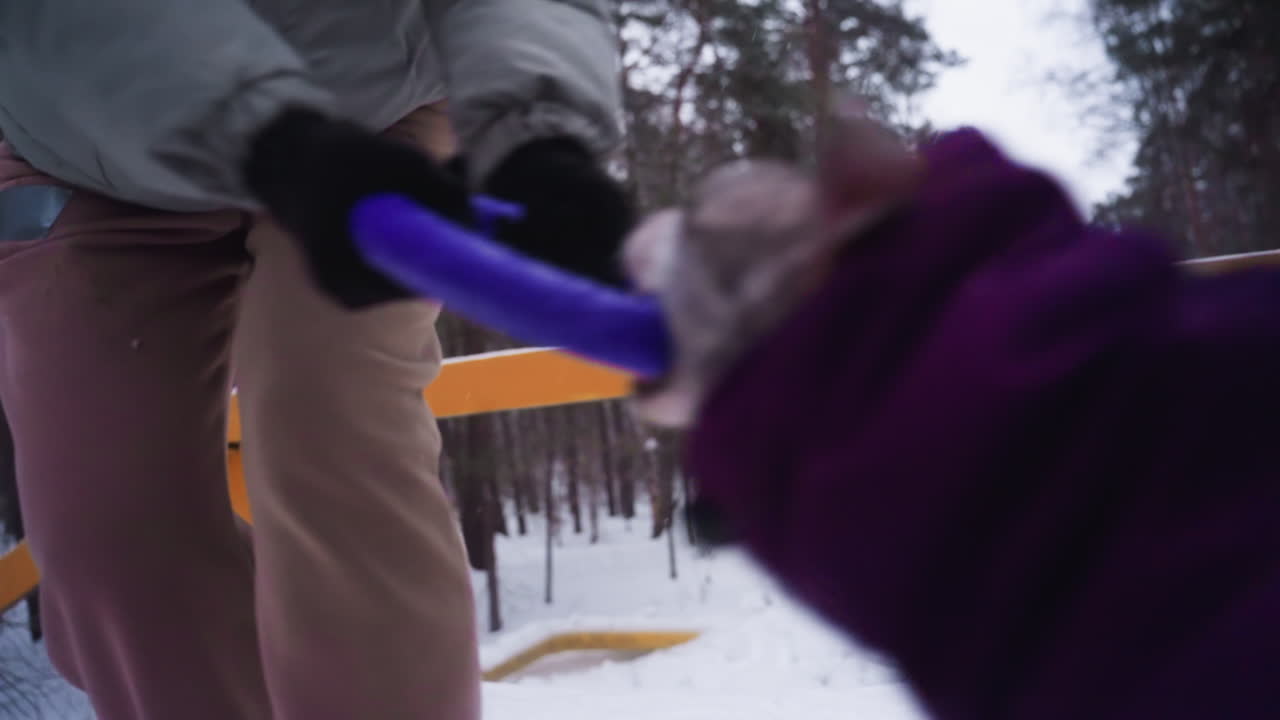 Dog bites rubber ring during energetic tug-of-war game with person wearing winter gloves and jacket in snowy forest, expressing dynamic interaction, playfulness, and strength in cold outdoor setting