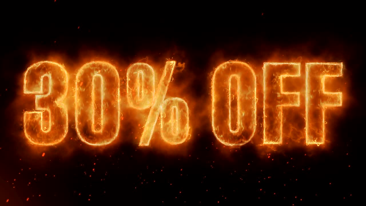 30% de descuento en la palabra quema caliente en fuego realista llamas chispas y humo animación de bucle continuo sin problemas