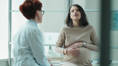 pregnant woman talking with doctor during prenatal checkup