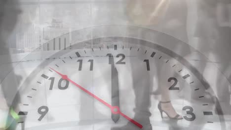 animation of ticking clock against time-lapse of low section of businesspeople walking at office