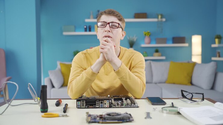 Thoughtful young man interested in technology.