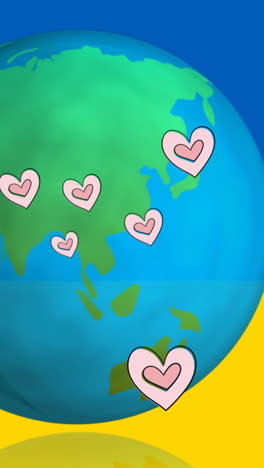 animation of hearts and globe over flag of ukraine