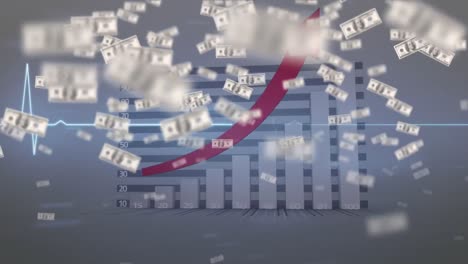 animación de billetes de dólar que se elevan sobre el gráfico con flecha roja y monitor de frecuencia cardíaca, en gris