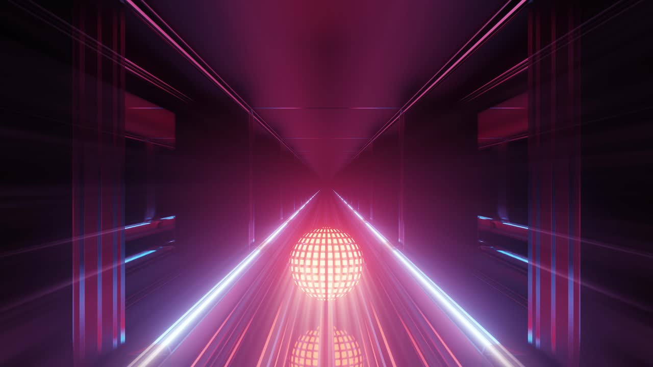 tunnel spaziale oscuro illuminato con sfera luminosa rotola via grafica di movimento 3d