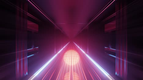 Túnel-Espacial-Iluminado-Oscuro-Con-Esfera-Brillante-Que-Se-Aleja-Gráfico-De-Movimiento-3d