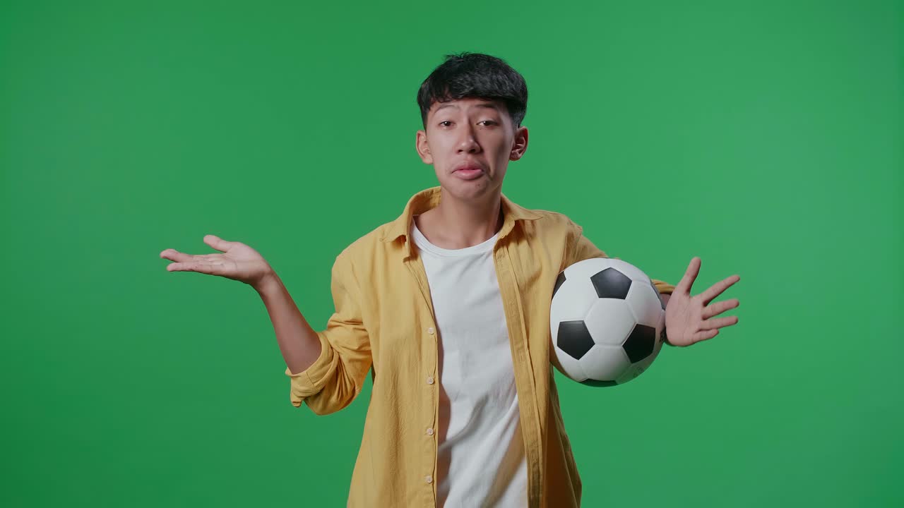 녹색 스크린 배경에서 축구를 응원하는 동안 패자를 조롱하는 공을 가진 아시아 소년